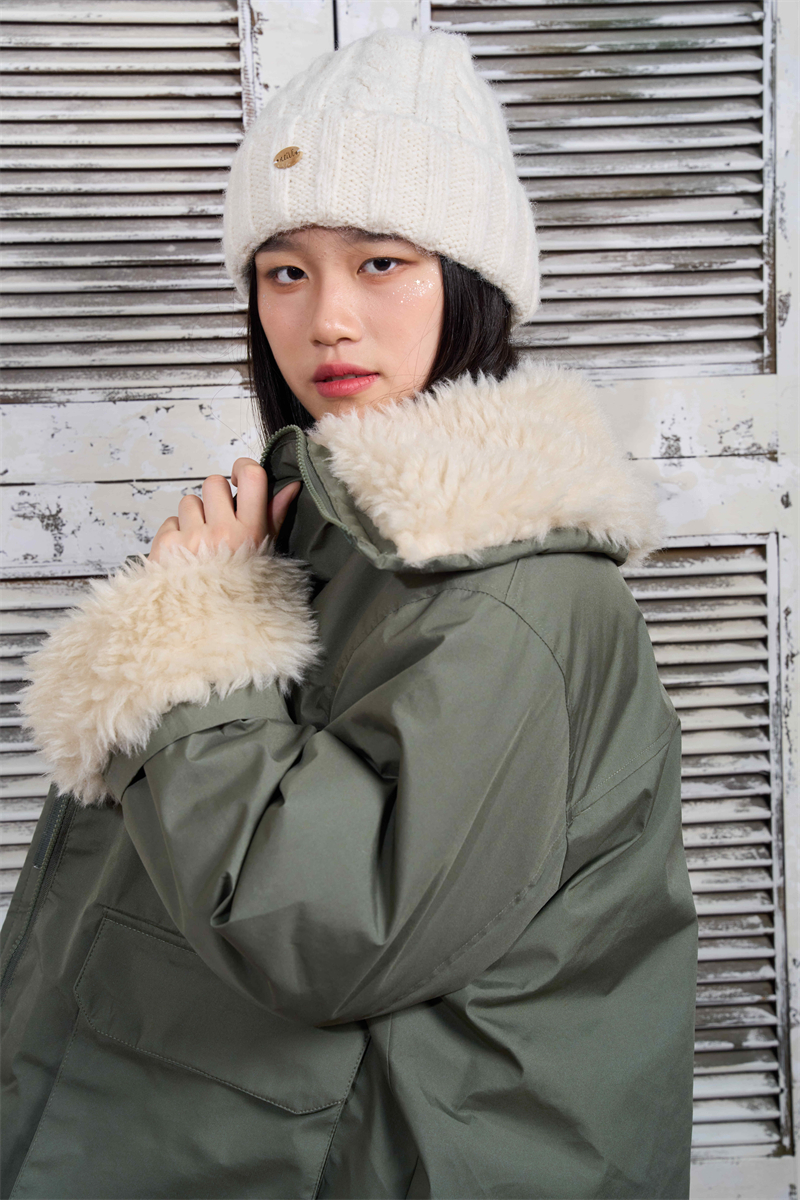 Lambs wool cotton coat green technical jacket