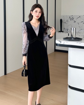 Large yard splice velvet beading autumn and winter dress