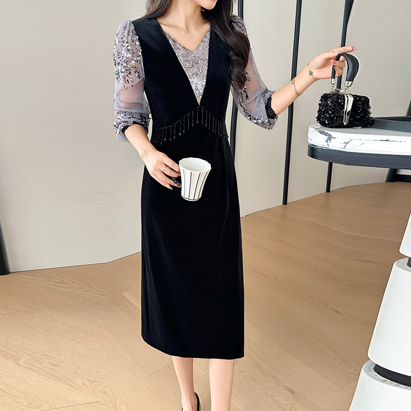 Large yard splice velvet beading autumn and winter dress