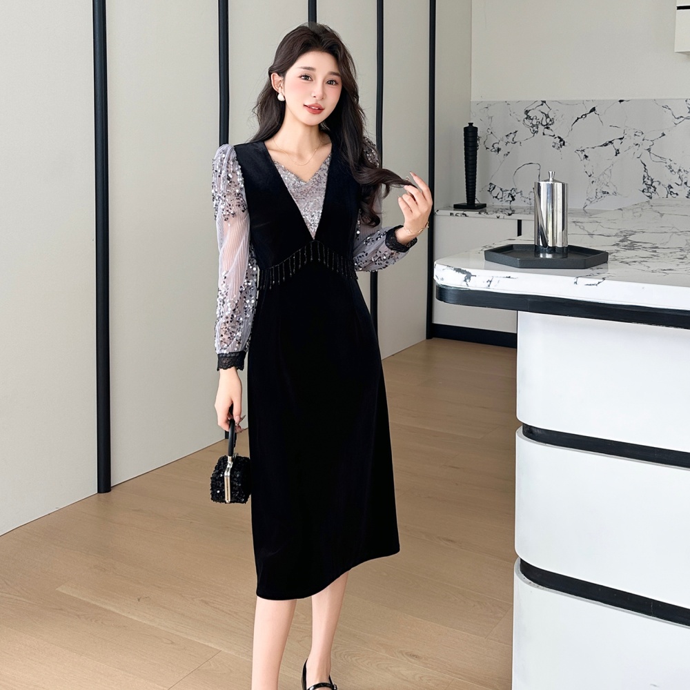 Large yard splice velvet beading autumn and winter dress