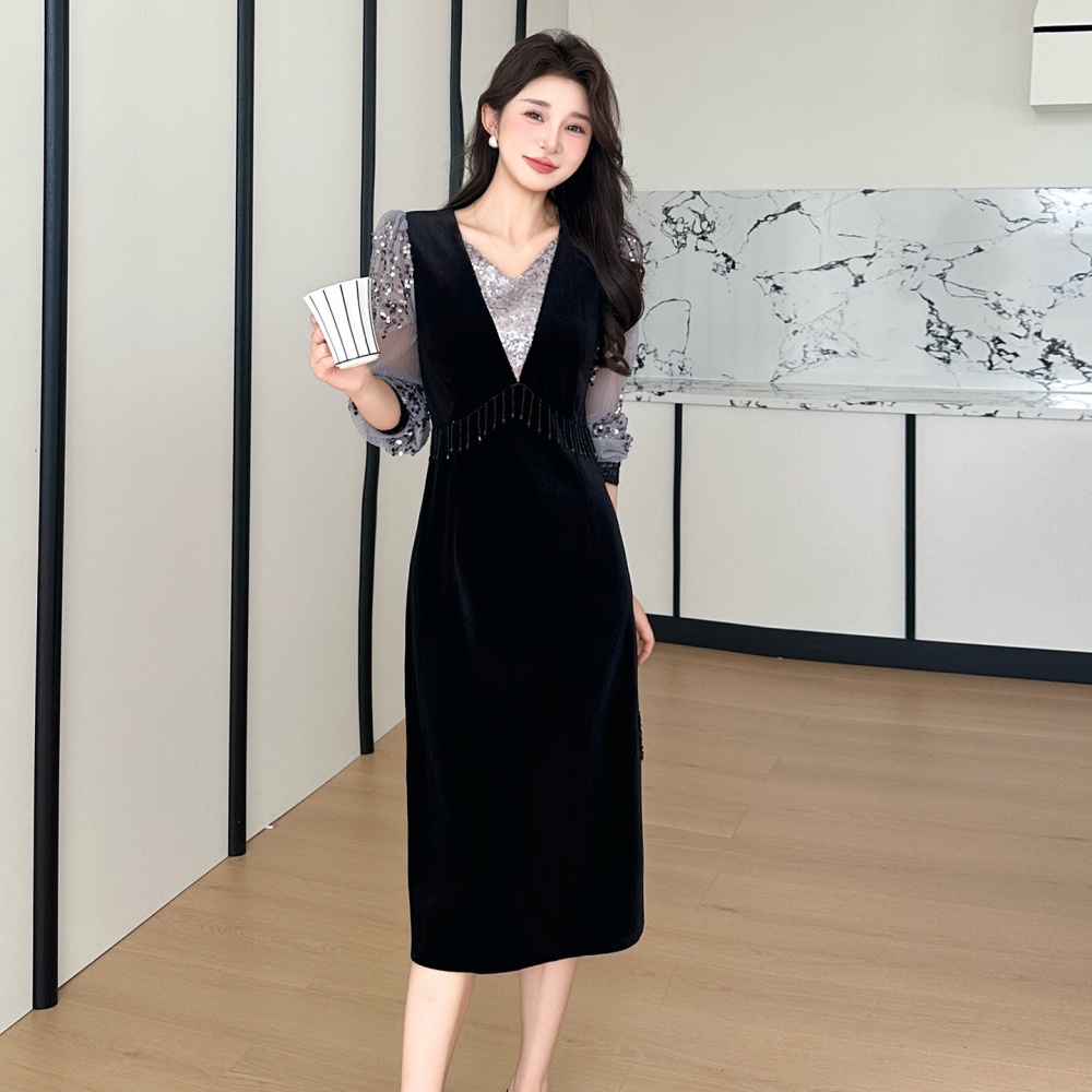 Large yard splice velvet beading autumn and winter dress