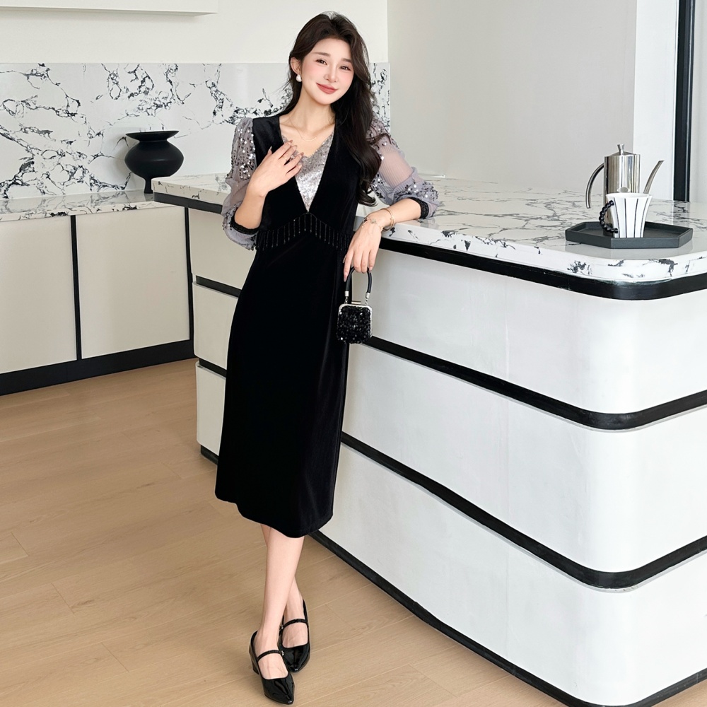 Large yard splice velvet beading autumn and winter dress