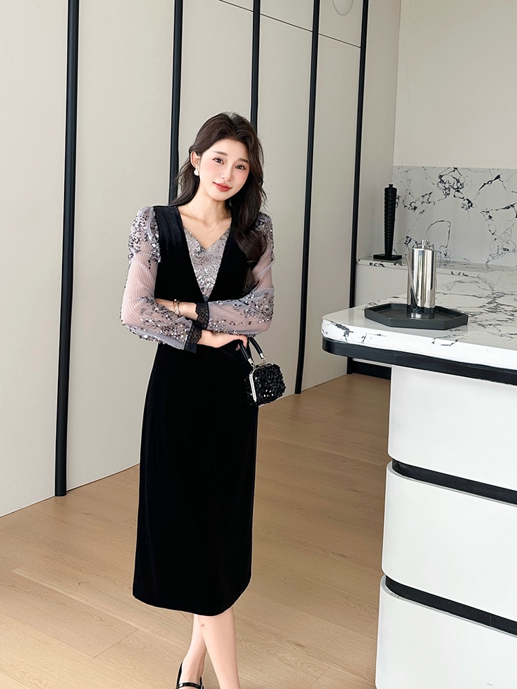 Large yard splice velvet beading autumn and winter dress