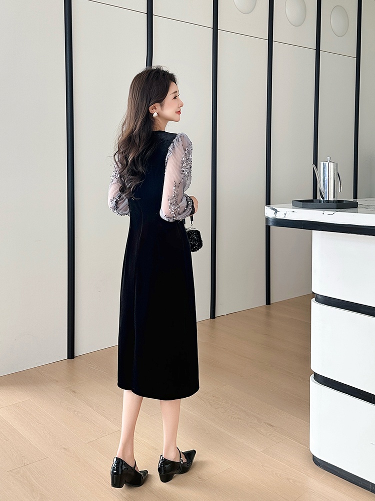 Large yard splice velvet beading autumn and winter dress