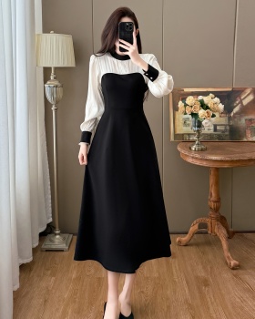 Retro splice temperament autumn and winter frenum dress