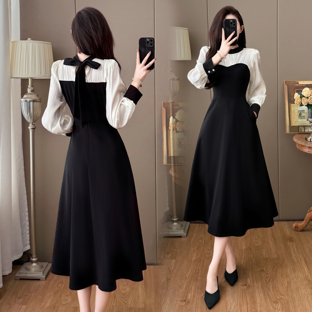 Retro splice temperament autumn and winter frenum dress