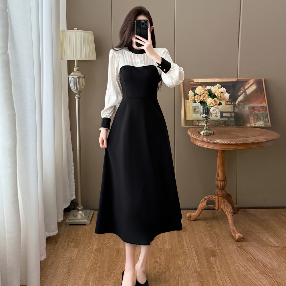 Retro splice temperament autumn and winter frenum dress