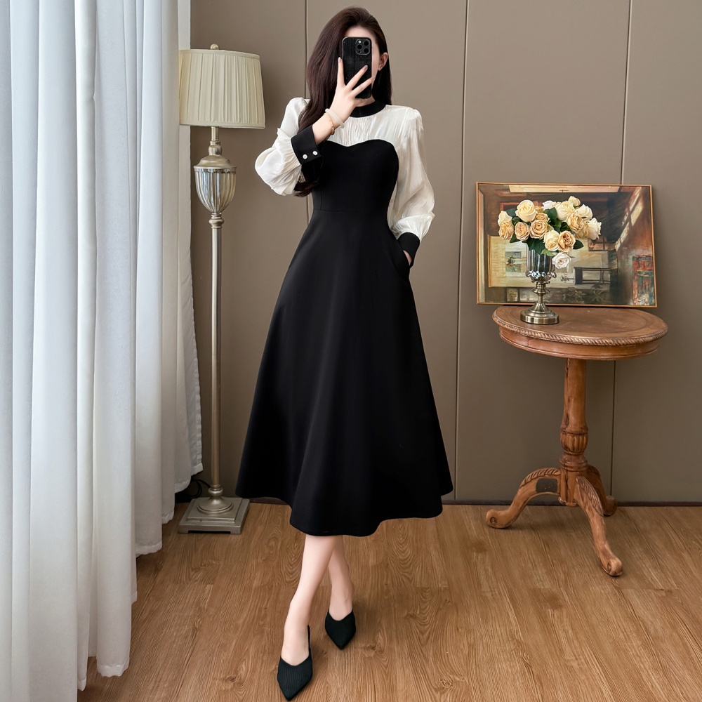 Retro splice temperament autumn and winter frenum dress