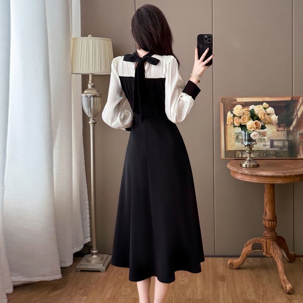 Retro splice temperament autumn and winter frenum dress