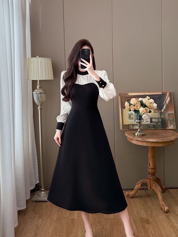 Retro splice temperament autumn and winter frenum dress