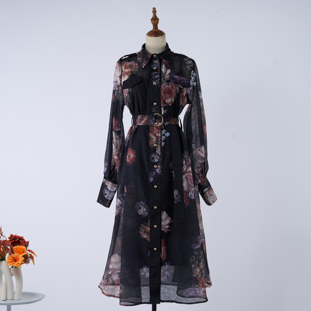 Autumn flowers shirt silk linen pattern dress
