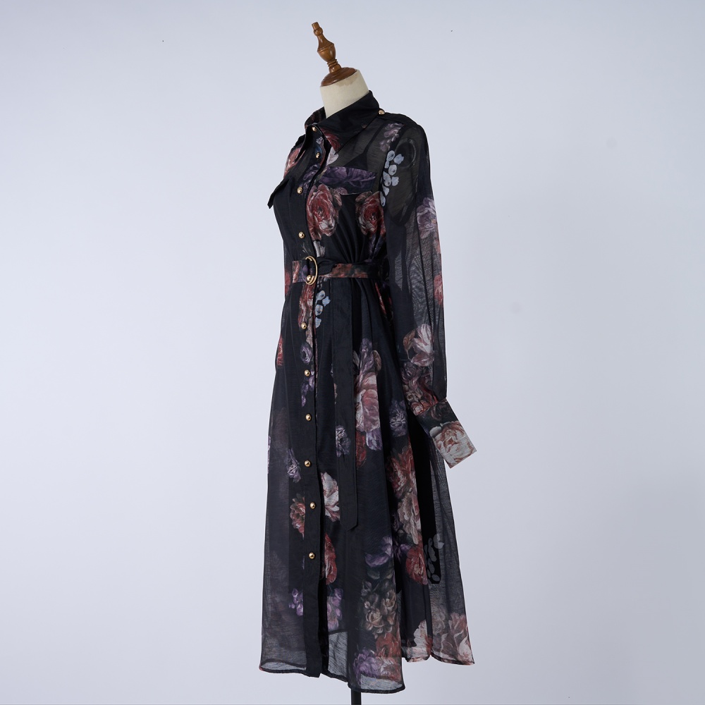 Autumn flowers shirt silk linen pattern dress