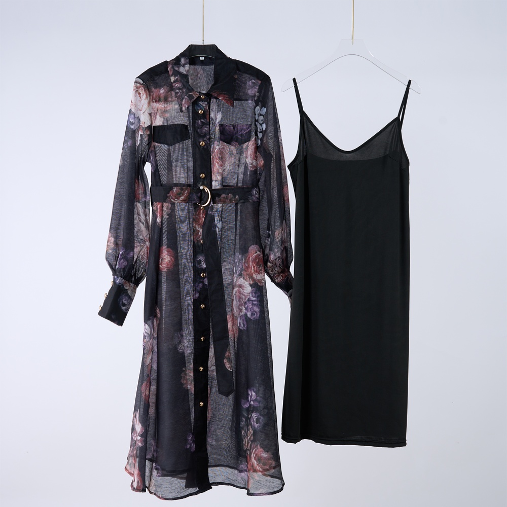 Autumn flowers shirt silk linen pattern dress