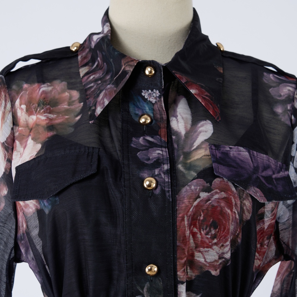Autumn flowers shirt silk linen pattern dress