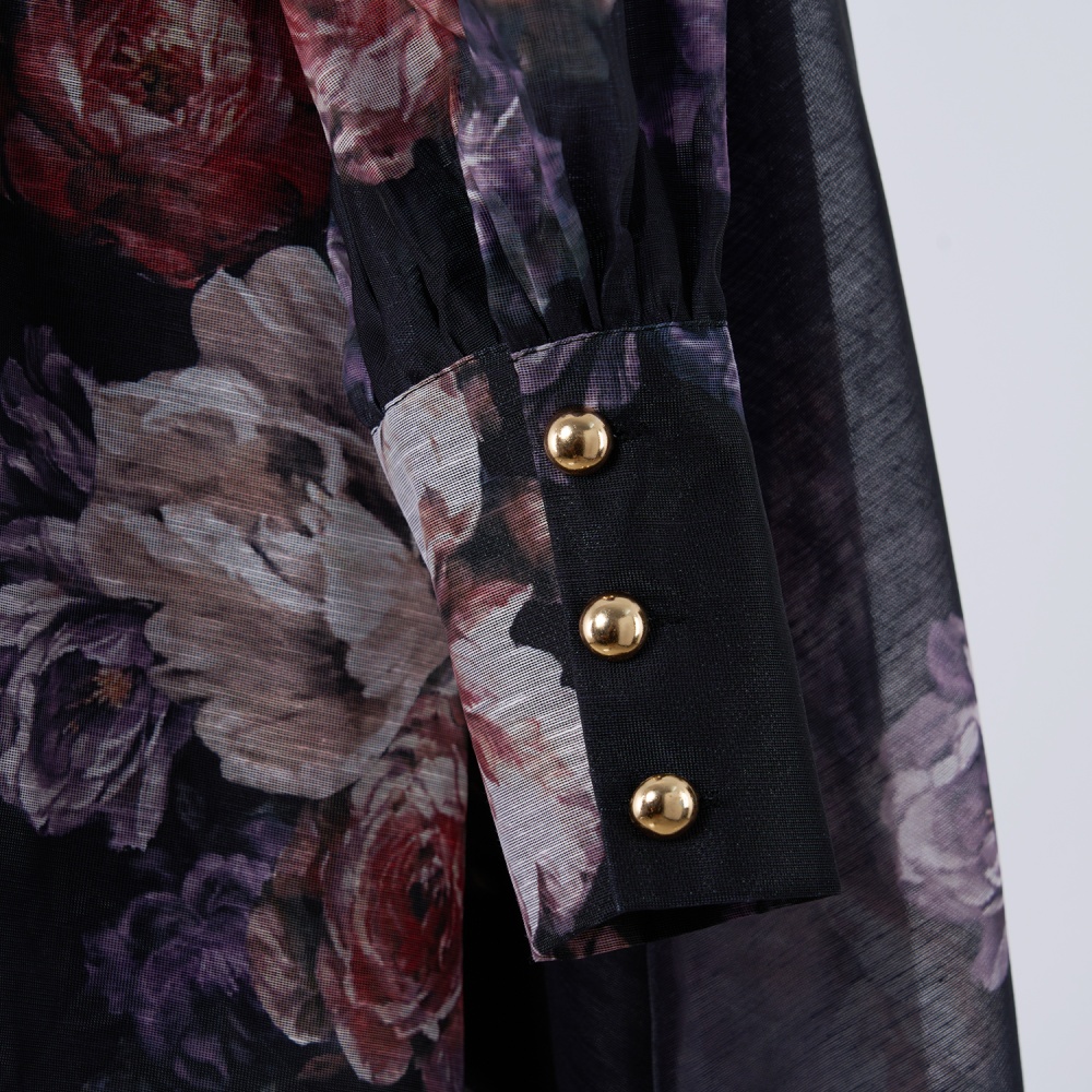 Autumn flowers shirt silk linen pattern dress