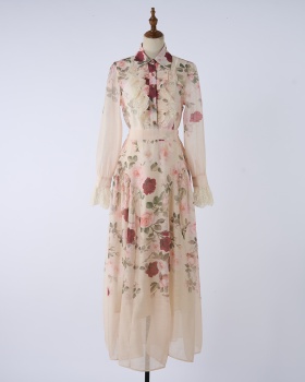 Retro rose shirt large skirt hem long skirt a set
