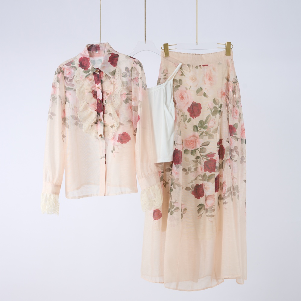 Retro rose shirt large skirt hem long skirt a set