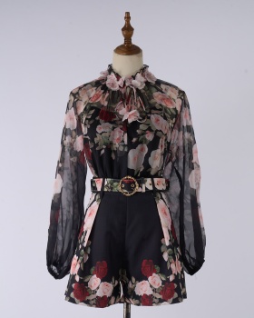Spring printing ladies tops with sling elegant shorts a set