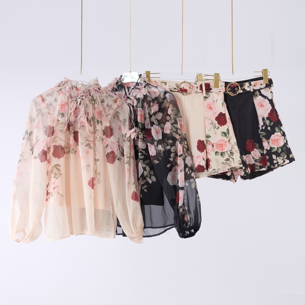 Spring printing ladies tops with sling elegant shorts a set