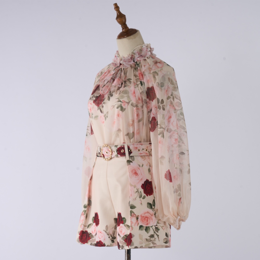 Spring printing ladies tops with sling elegant shorts a set