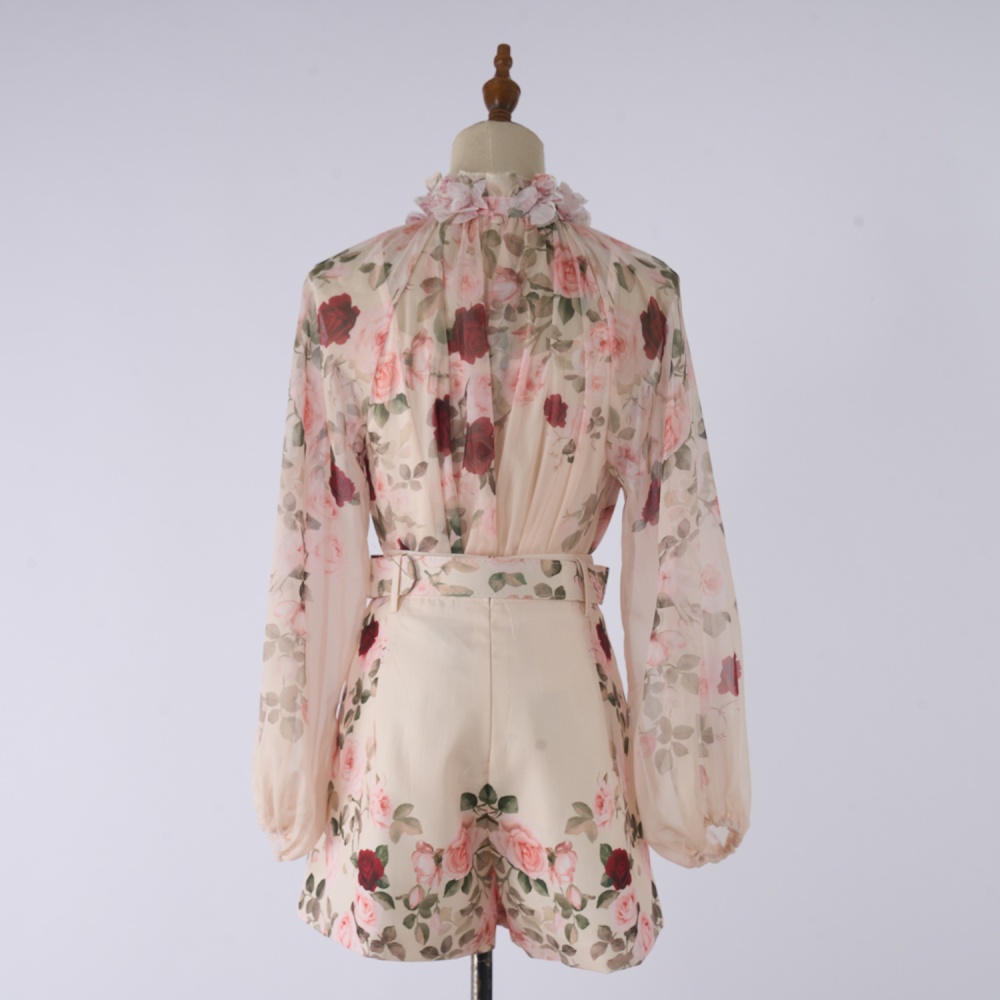 Spring printing ladies tops with sling elegant shorts a set