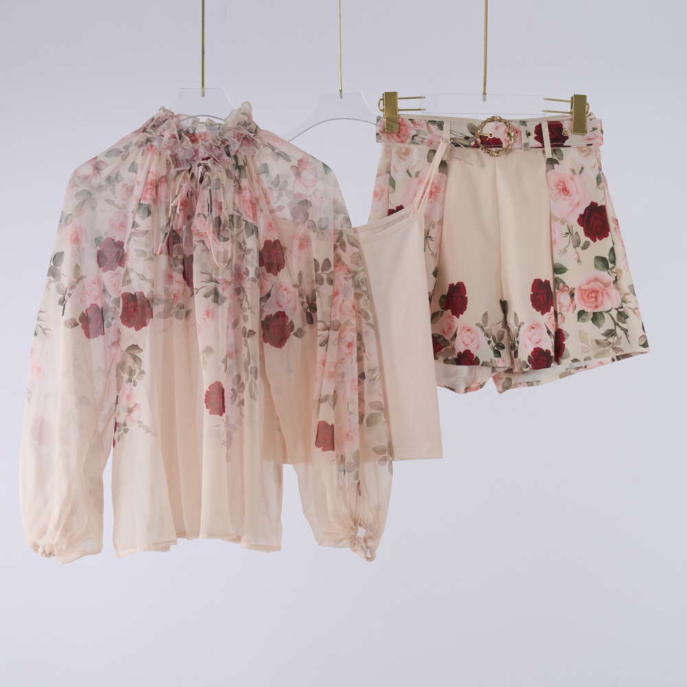 Spring printing ladies tops with sling elegant shorts a set