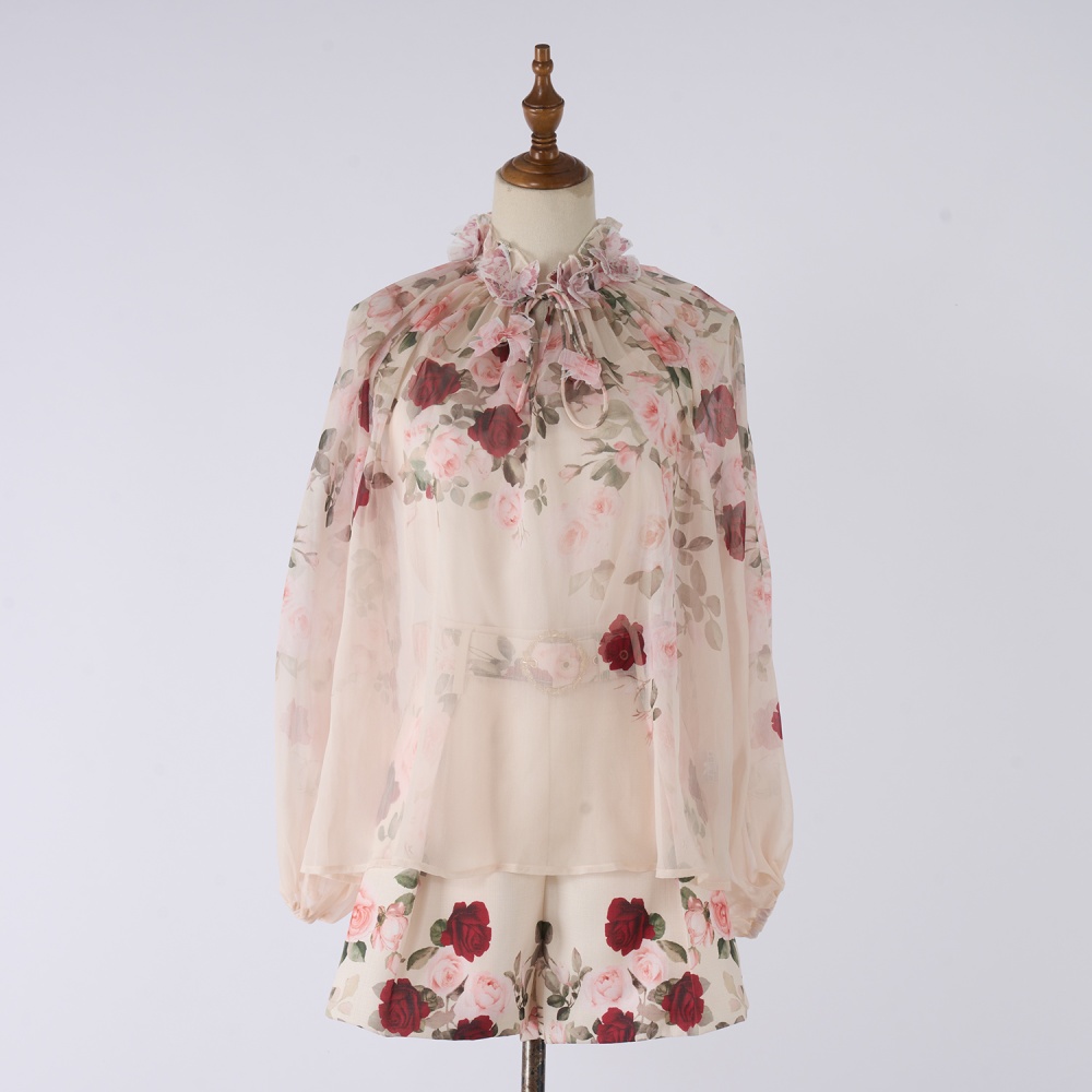 Spring printing ladies tops with sling elegant shorts a set