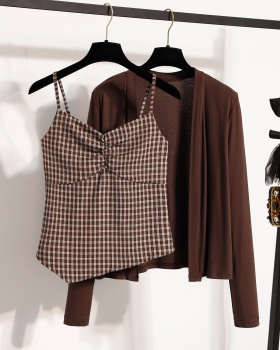 All-match short plaid sling cardigan 2pcs set for women