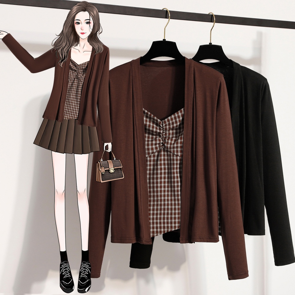 All-match short plaid sling cardigan 2pcs set for women