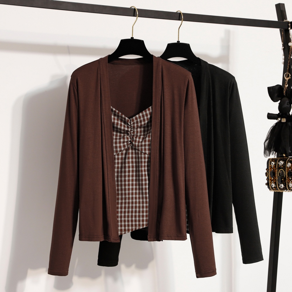 All-match short plaid sling cardigan 2pcs set for women