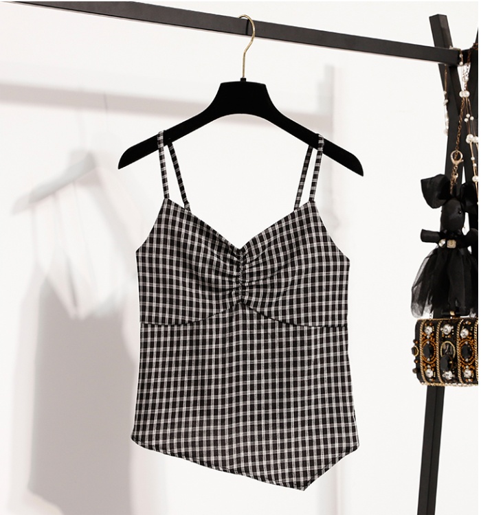All-match short plaid sling cardigan 2pcs set for women