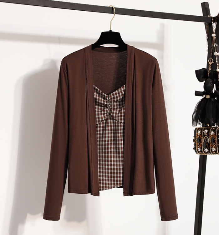 All-match short plaid sling cardigan 2pcs set for women