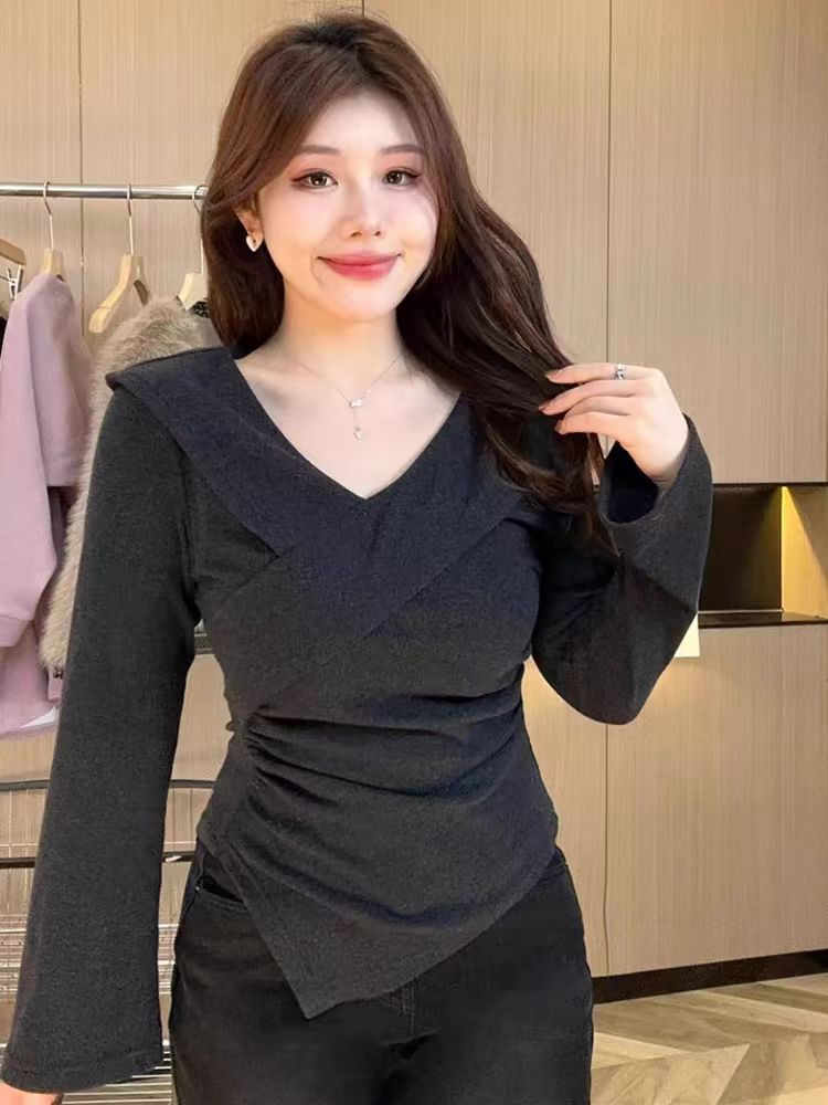 Large yard tops pinched waist bottoming shirt for women