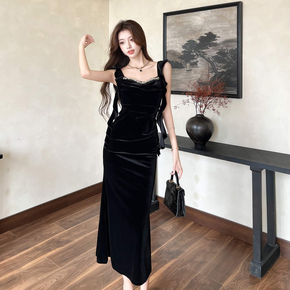 Velvet strap dress autumn and winter dress