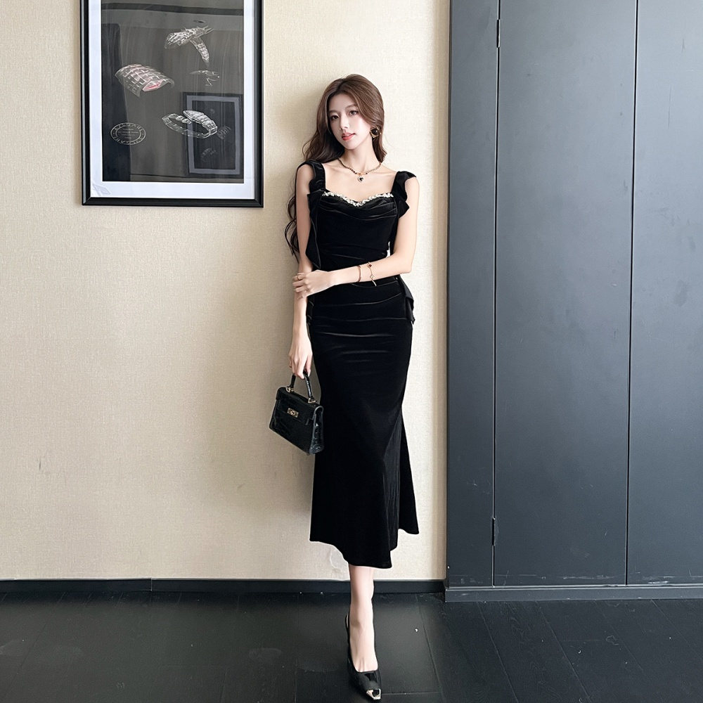 Velvet strap dress autumn and winter dress