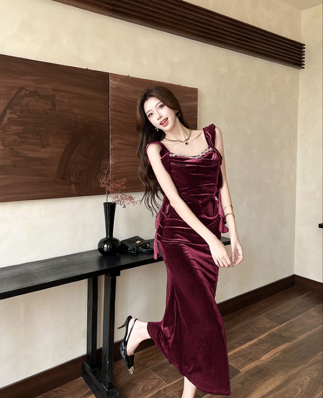 Velvet strap dress autumn and winter dress