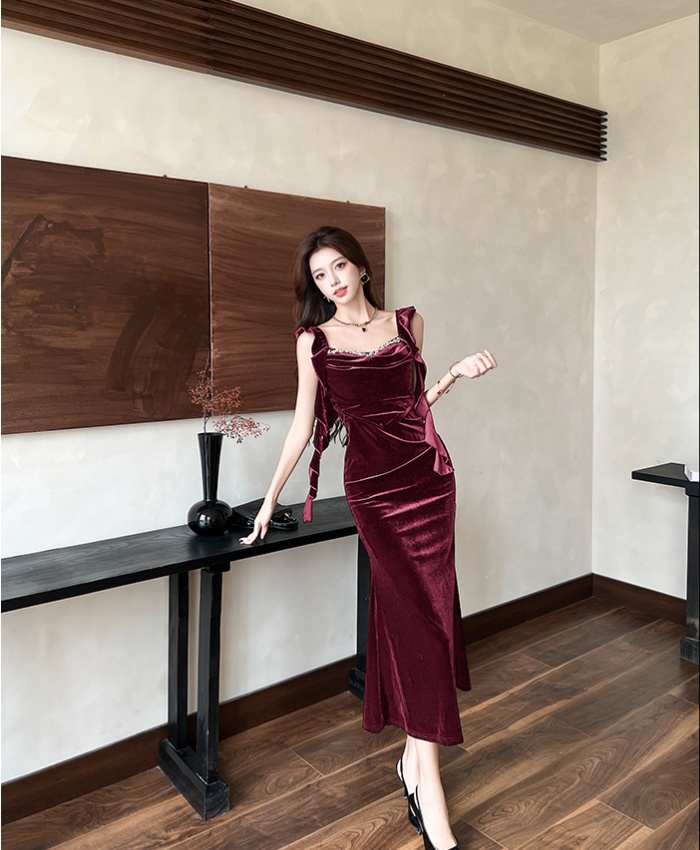 Velvet strap dress autumn and winter dress