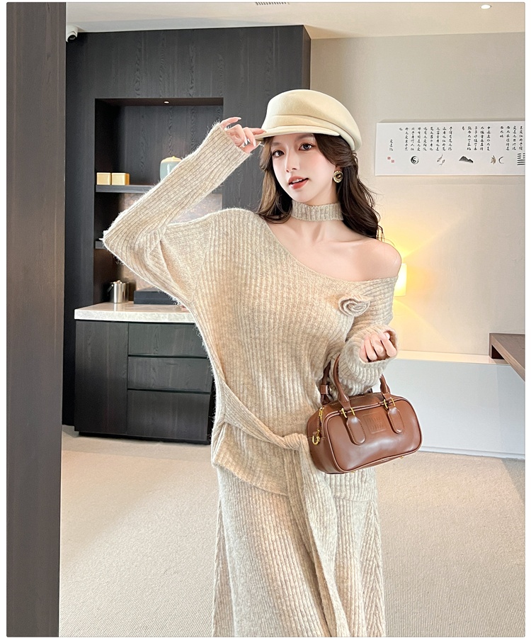 Frenum long sleeve V-neck skirt 2pcs set for women