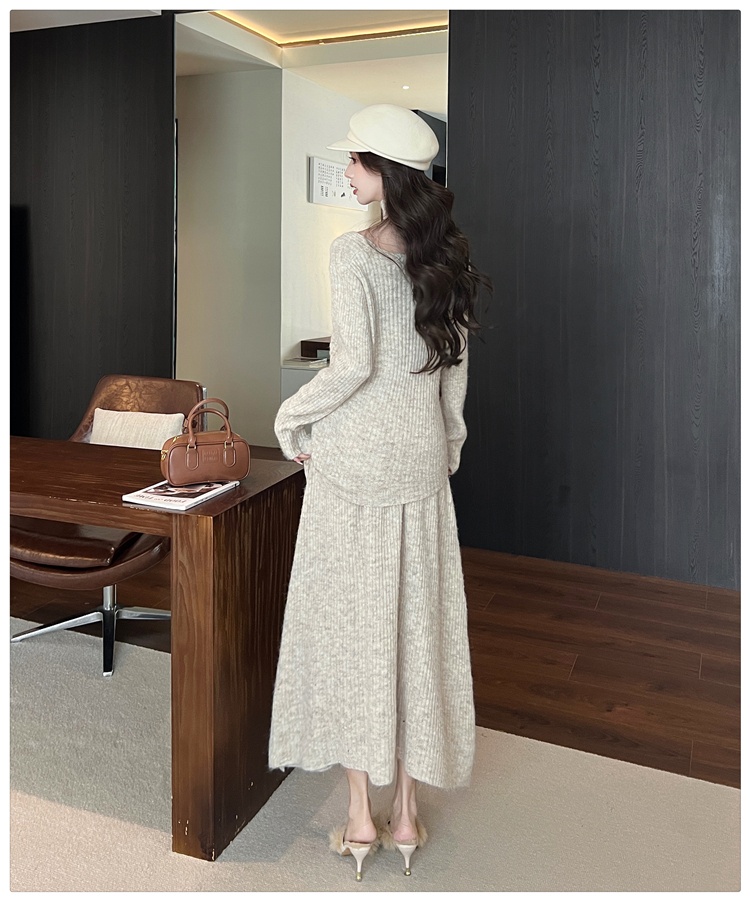 Frenum long sleeve V-neck skirt 2pcs set for women
