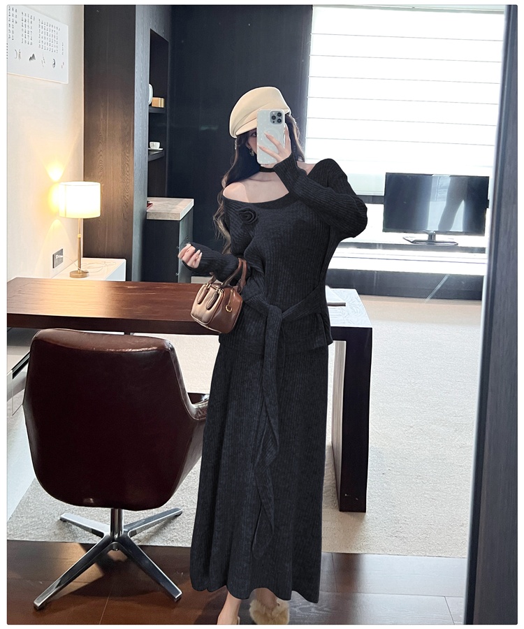 Frenum long sleeve V-neck skirt 2pcs set for women