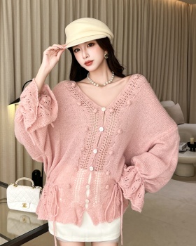 Hollow autumn V-neck sweater drawstring crochet cardigan