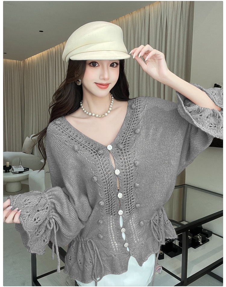 Hollow autumn V-neck sweater drawstring crochet cardigan