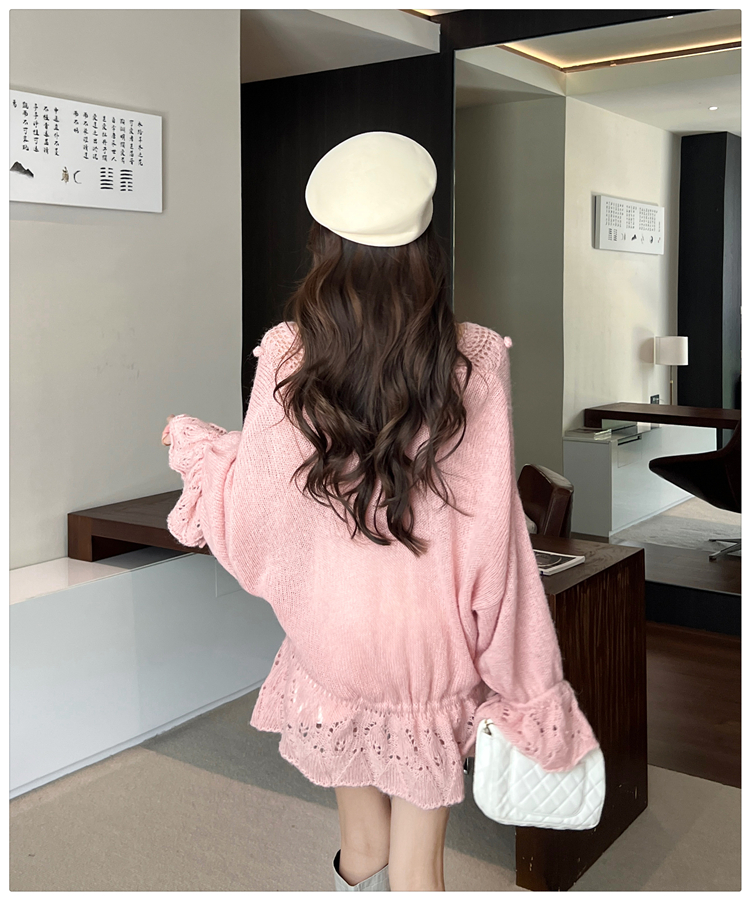 Hollow autumn V-neck sweater drawstring crochet cardigan