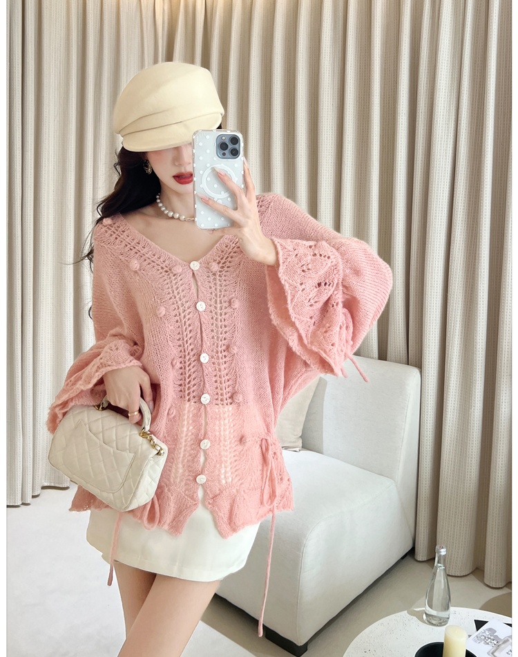 Hollow autumn V-neck sweater drawstring crochet cardigan