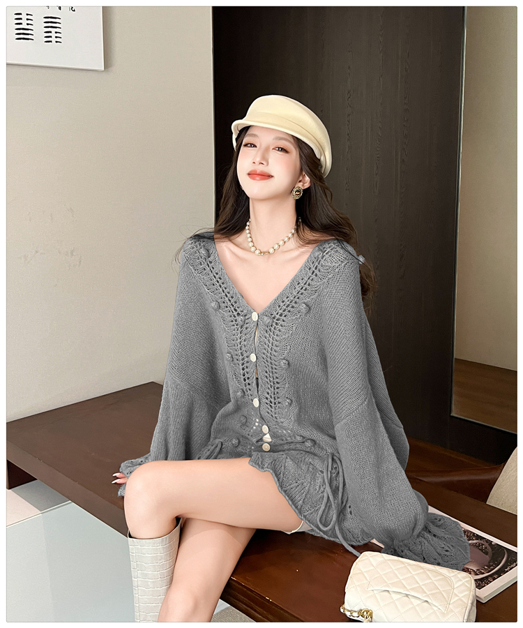 Hollow autumn V-neck sweater drawstring crochet cardigan