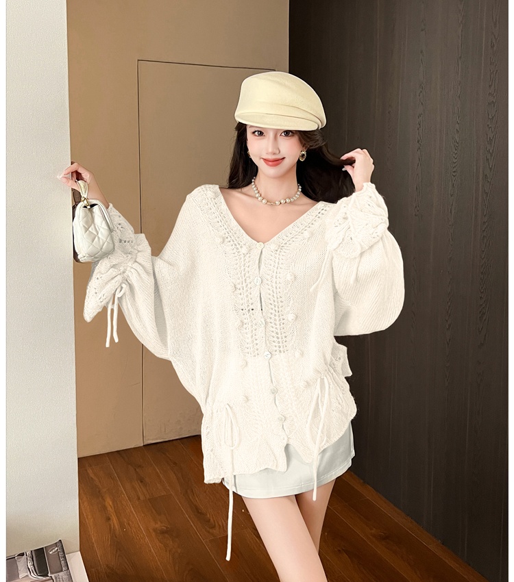 Hollow autumn V-neck sweater drawstring crochet cardigan