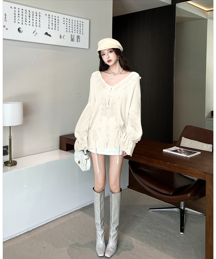 Hollow autumn V-neck sweater drawstring crochet cardigan