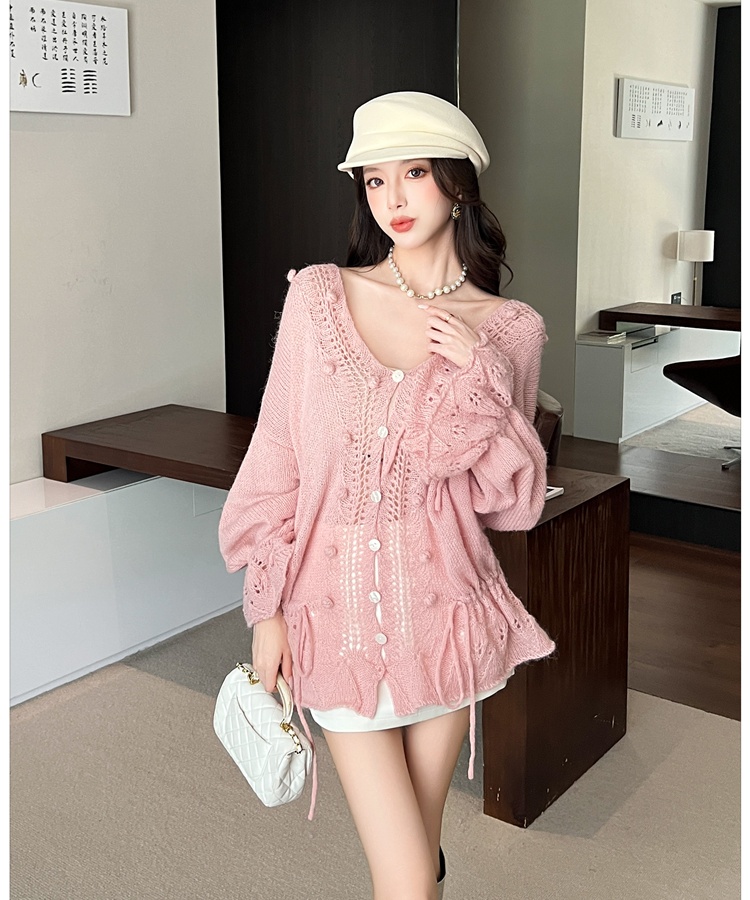 Hollow autumn V-neck sweater drawstring crochet cardigan