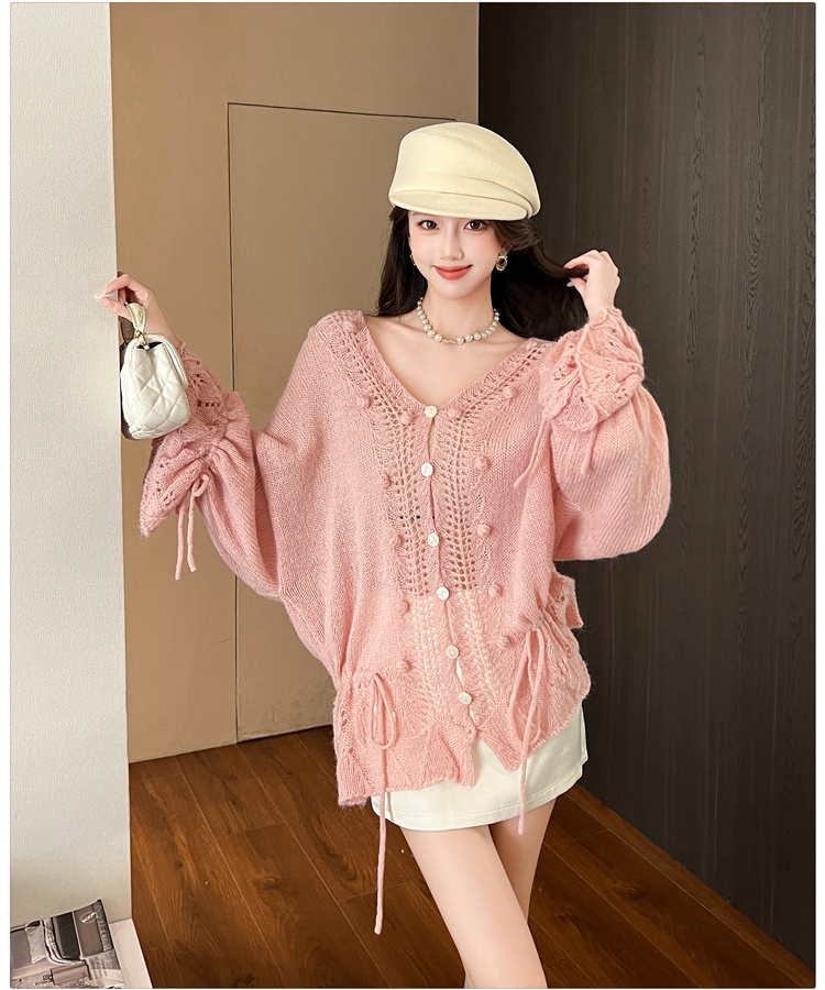 Hollow autumn V-neck sweater drawstring crochet cardigan