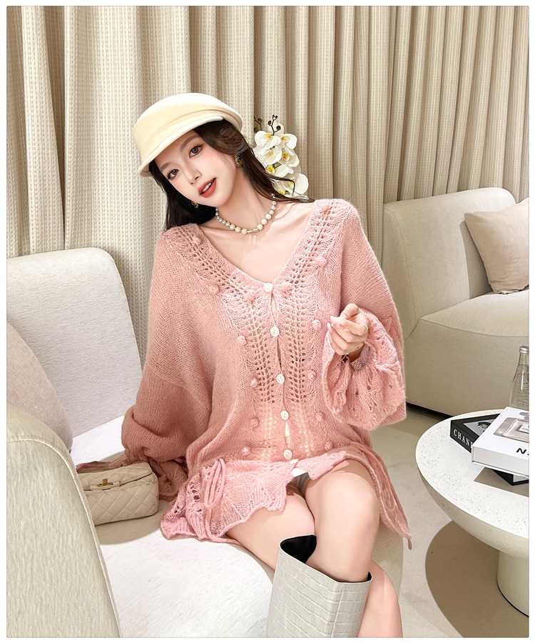 Hollow autumn V-neck sweater drawstring crochet cardigan
